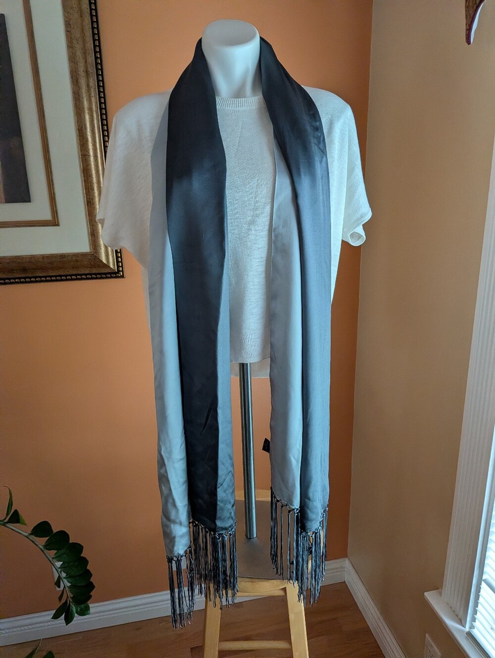 Two-Tone Satin Fringe Scarf in Dark Gray and Light Gray 100% Silk